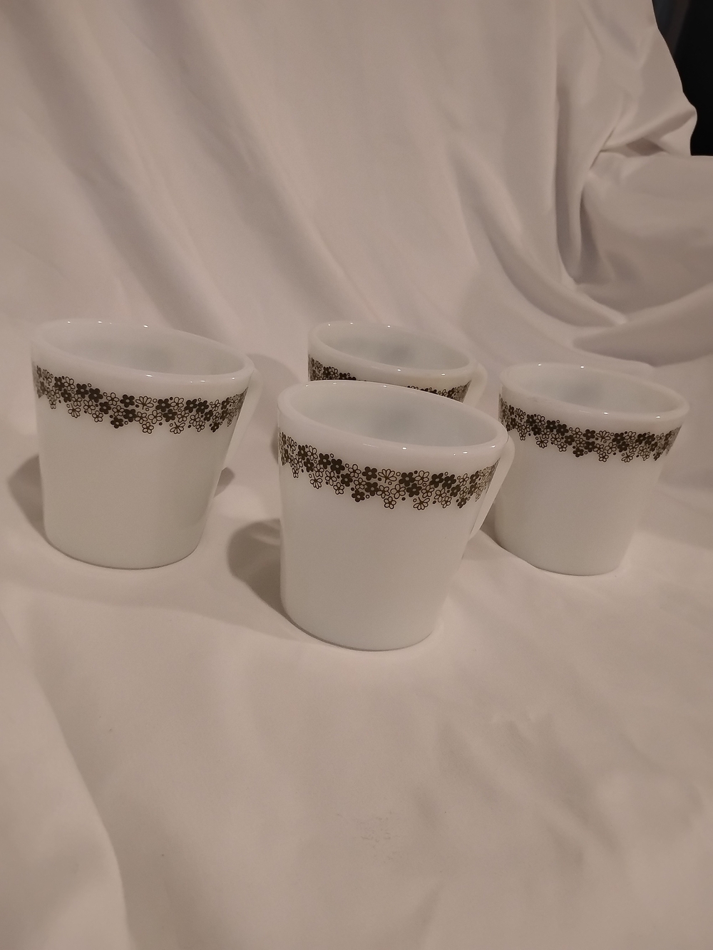 Pyrex White Mugs with Green Floral Band - Set of 4 Crazy Daisy Spring Blossom